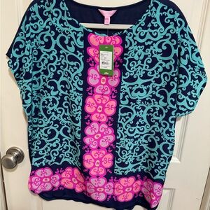 Lilly Pulitzer Silk Marion Navy, Turquoise & Pink Fountain Hopping Top M/L